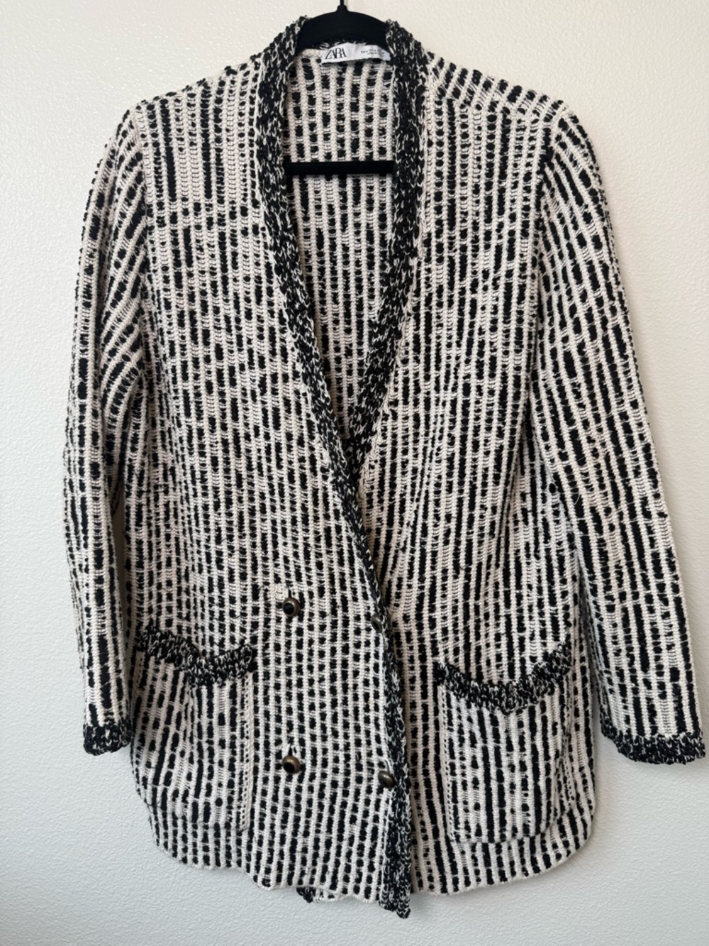 Zara Black and White Woven Fringe-Trim Blazer